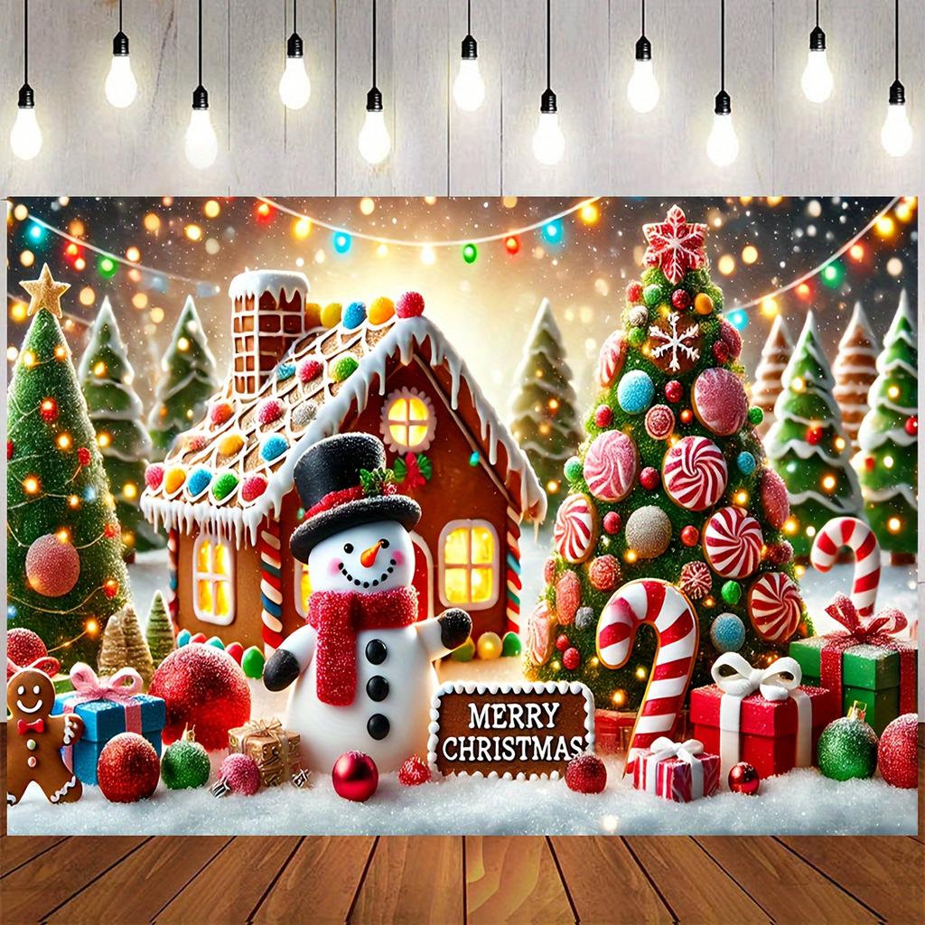 1pc 2D Flat Christmas Background Cloth Including Gingerbread House Candy Cane Christmas Tree and Snowman