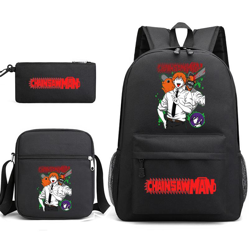 Chainsaw Man Print Student Backpack Set with Crossbody Bag and Pencil Pouch for Boys Girls Daily Use