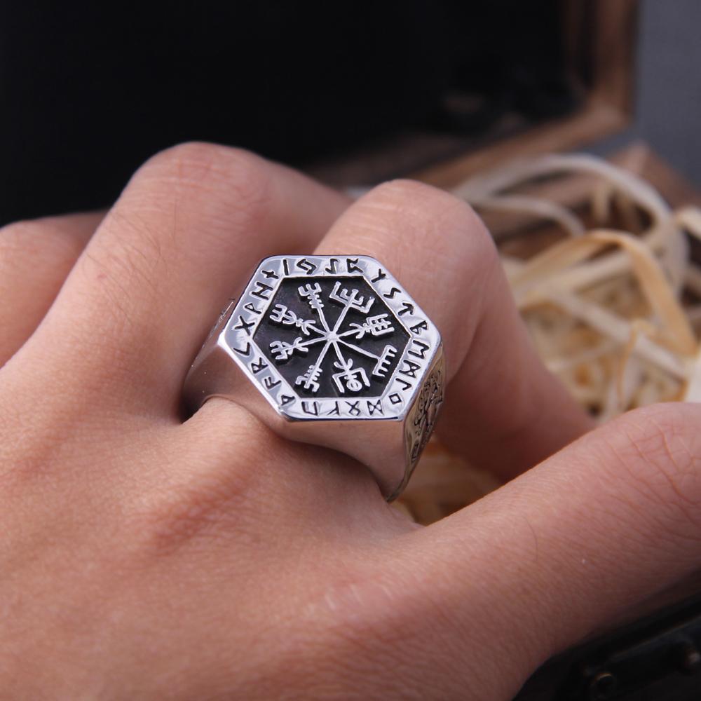 Stainless Steel Viking Compass Runic Ring for Men Vintage Nordic Odin Jewelry Never Fade Viking Totem Statement Ring