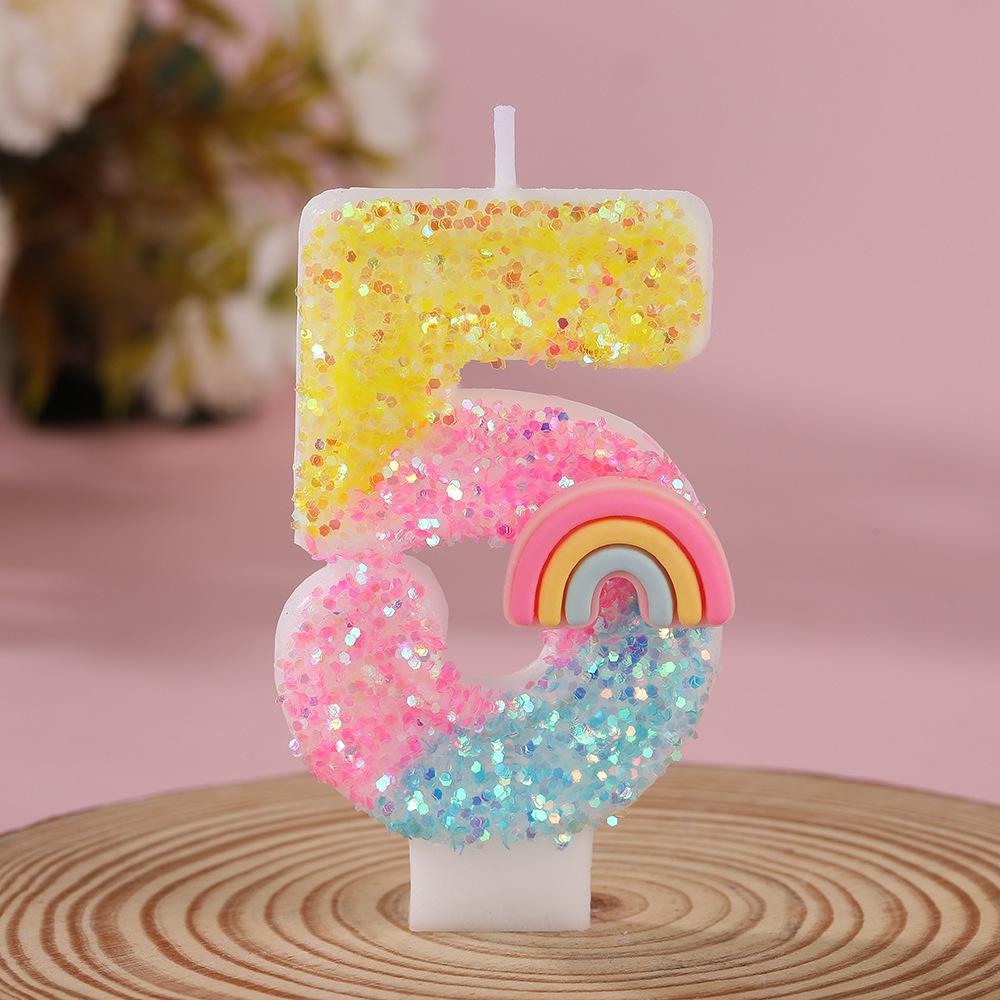 Rainbow Glitter Number Candles for Children's Birthday Cake, 0-9 Toppers