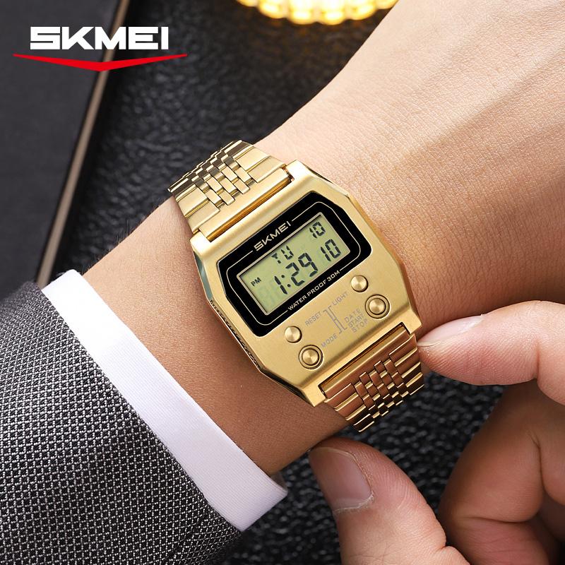 SKMEI 2460 Herre Sport Rustfrit Stål Mode LED Elektronisk Alarm Vandtæt Digitalt Armbåndsur Ur til Mænd Reloj Hombre