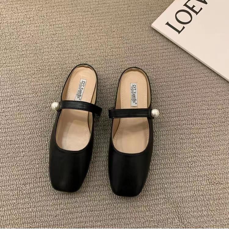 Fashion Women Slippers Fashion Flats Brand Design Square Toe Ballet Casual Basic Buckle Strap Female Dress Spring Autumn Pearl Shoes