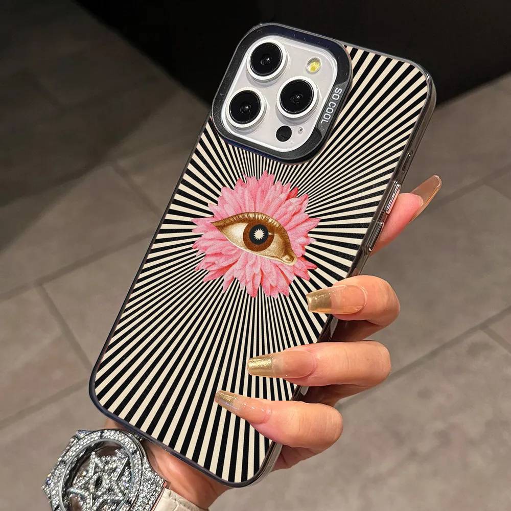 Big Eyes Trendy Print Lines Phone Case For iPhone 17,16,15,14,13,12,11 Plus,Pro Max,XS,Colored Silver Plated Inside Cover