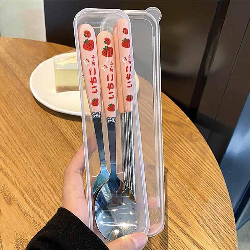 Cute Strawberry Chopsticks Spoon Fork Cutlery Set With Case Portable Travel Stainless Steel Tableware Kitchen Utensils