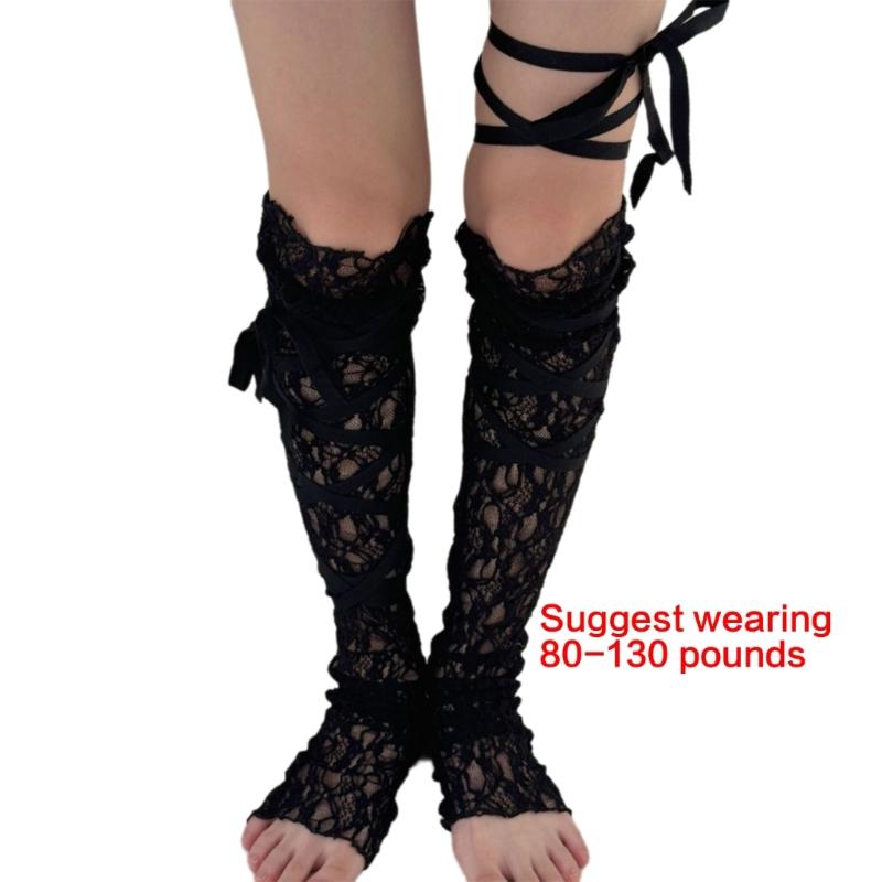 Japanische Spitze Beinärmel mit verstellbaren Bändern für Damen Durchsichtige Netz-Oberschenkel-Beinwärmer Lange fußlose Socken
