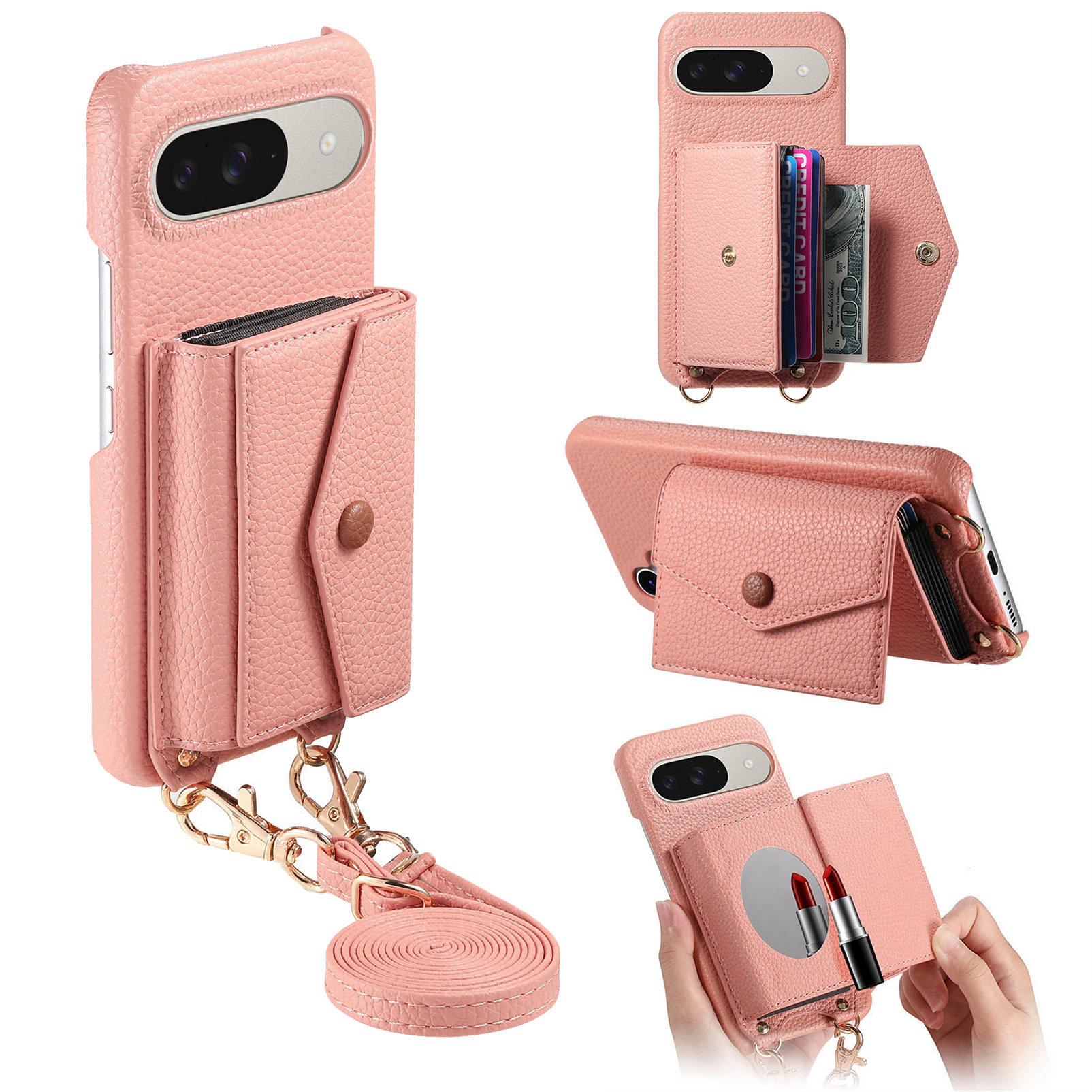 

Для Google Pixel 10/9 Чохол Тримач для карток Підставка Шкіра PU+PC Чохол для телефону з дзеркалом та ремінцем через плече Pink