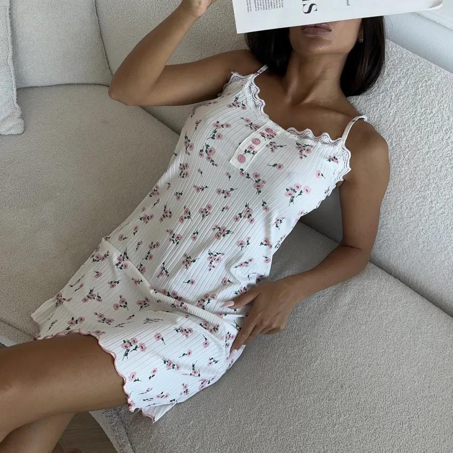Sexy slim Květinový tisk krajka Dámské Kalhotky Lotusový okraj Kamizol Noční košilka mini noční prádlo Letní noční košile domácí oblečení