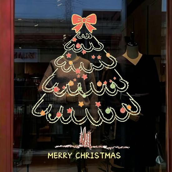 Christmas Store Window Displays Tree Sticker, Simple Line Static Cling Decal, Waterproof Art Removable Festive PVC Decal for Holiday Home Glass Doors
