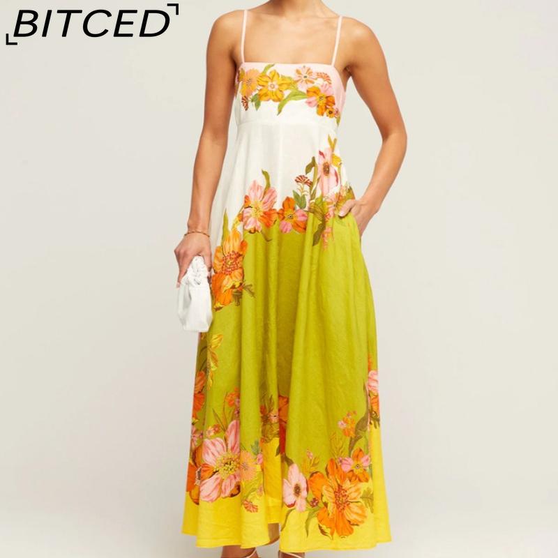 BITCED Spring/Summer Casual Maxi Dress for Women Spaghetti Strap Printed Linen 9 Colors Full-Skirted Dress