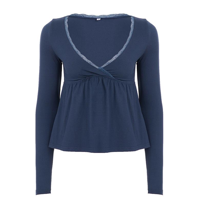 

Desire Style Lace Ruffle V-Neck Slim Fit Long Sleeve Top Large синій