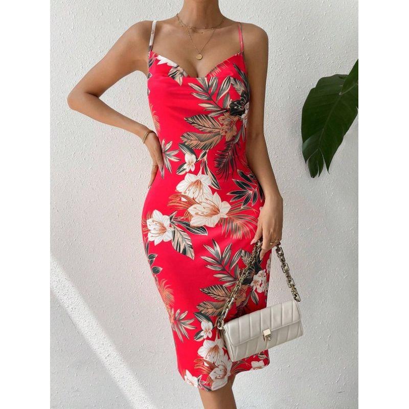 Western Style Summer New Sexy Sexy Sling Backless Lace-up Slim fit Slimming Big Flower Pattern Sleeveless Dress