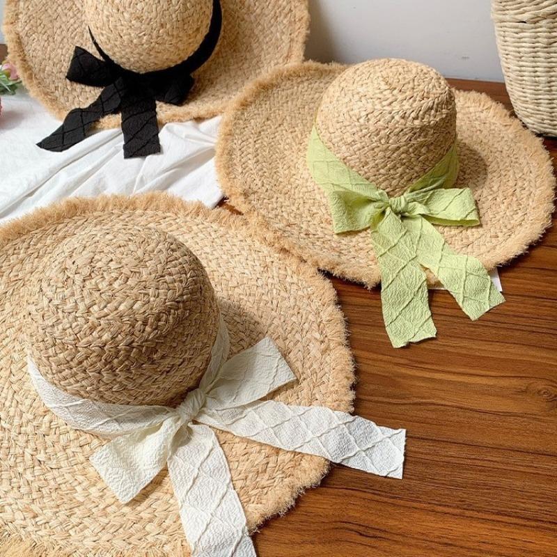 Bow Lafite straw hat women's summer big brim sunshade sunscreen hat seaside beach vacation woven hat