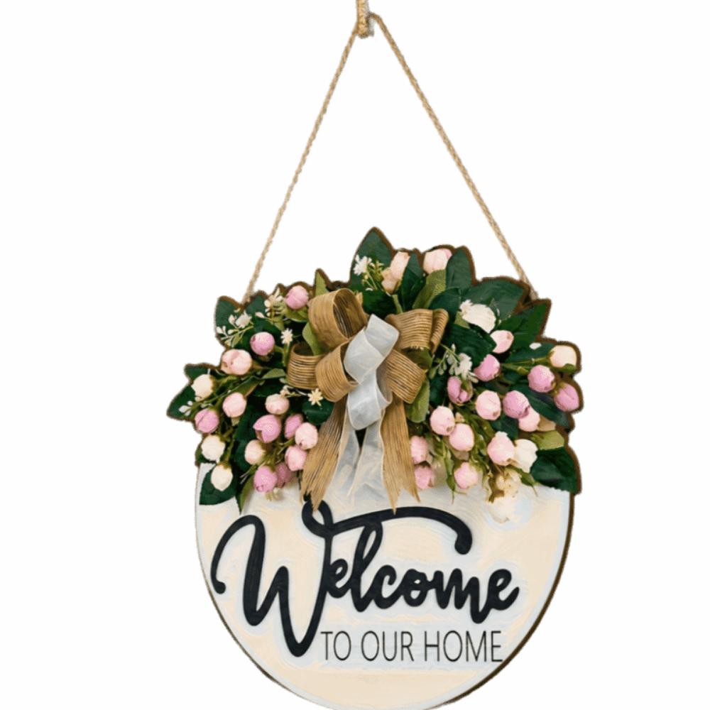 Flower Door Wreath Wooden Wall Art Personalized Welcome Sign Wall Decor Style B