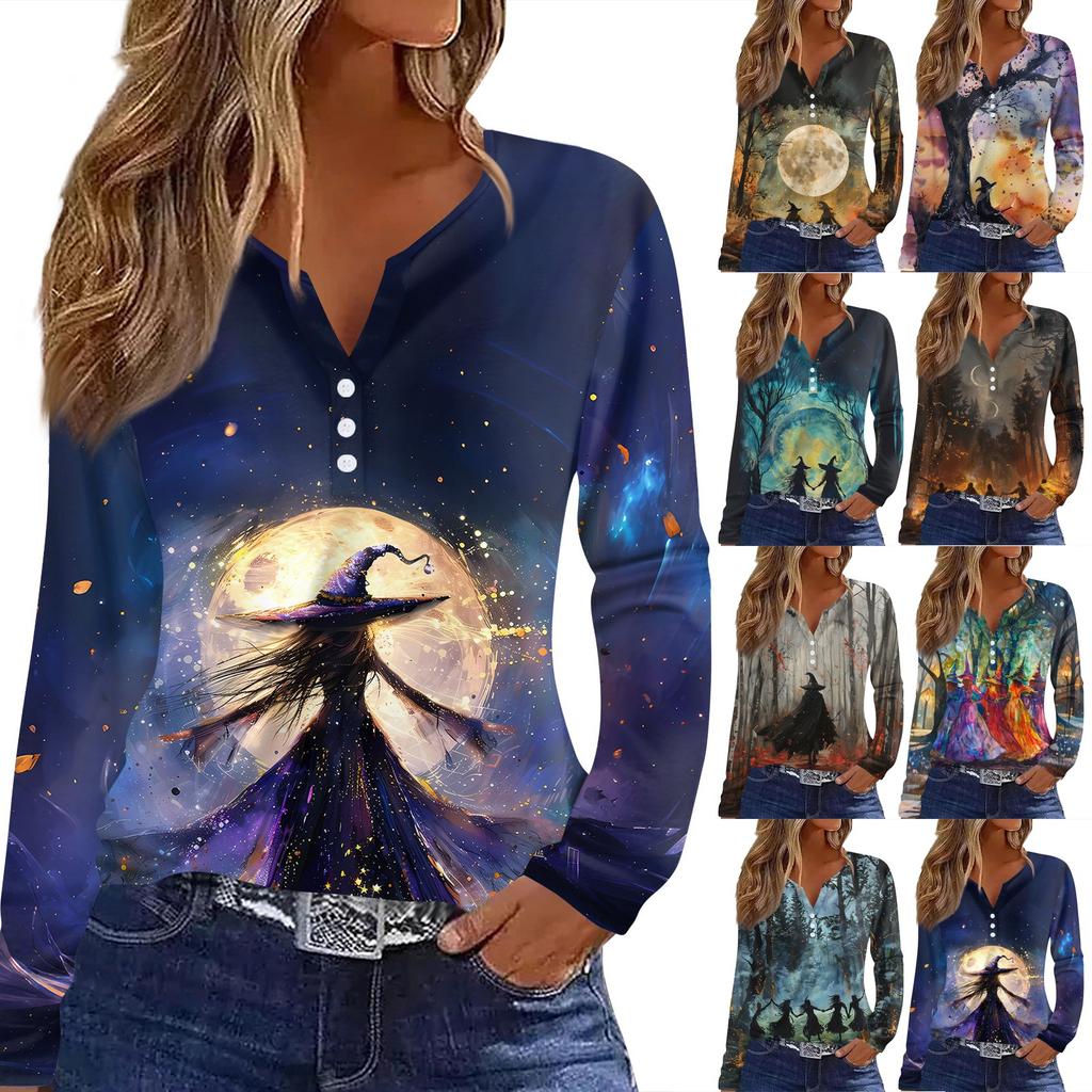 Women's T Shirt Tee HAlloween Print Button Long Sleeve Daily Weekend Fashion Basic V- Neck Regular Top