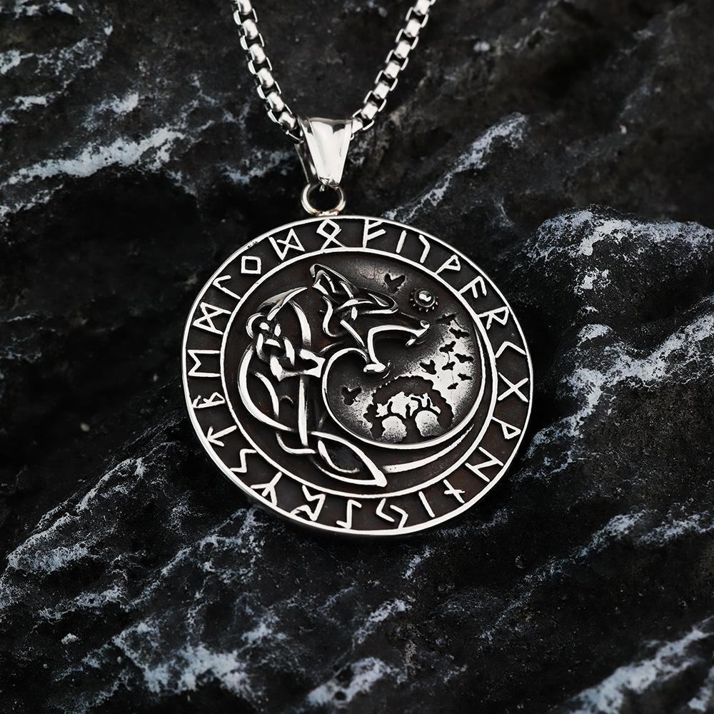 Vintage Stainless Steel Men's Pendant Viking Wolf Head Compass Rune Necklace