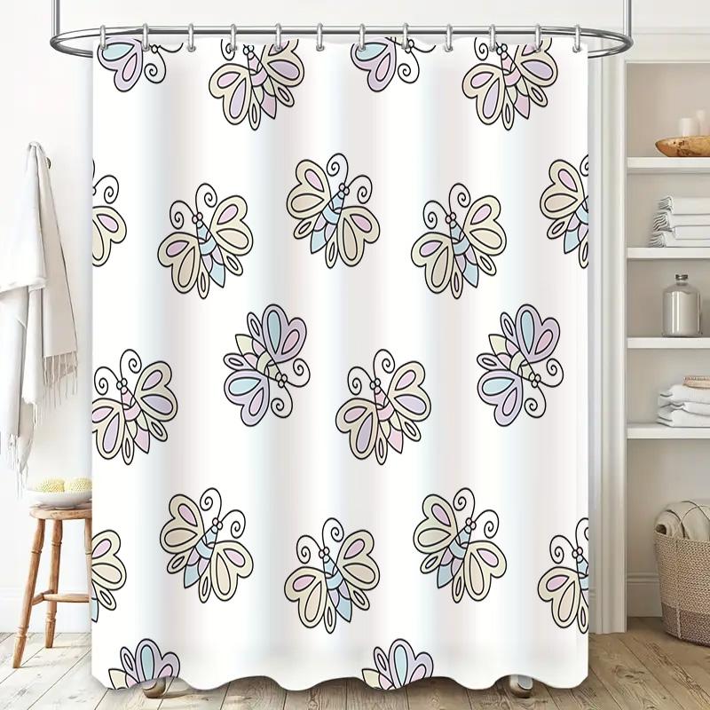 Hand Drawn Butterfly Shower Curtain White Floral Printed Bathroom Decor for Kids Bedroom Home Decoration 72 x 78 inches (183x200