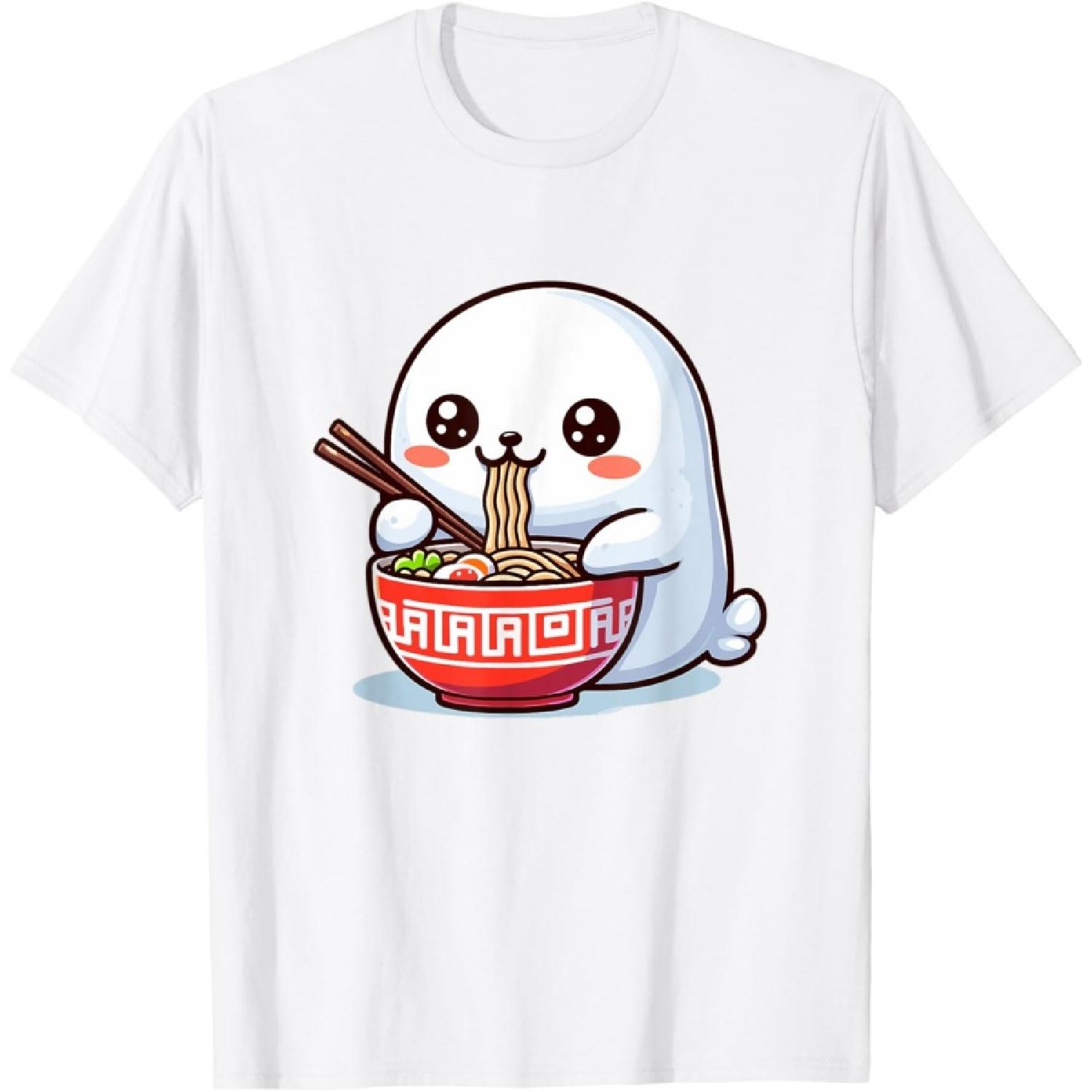 Cute Japanese Kawaii Chibi Seal Eating Ramen T-Shirt S