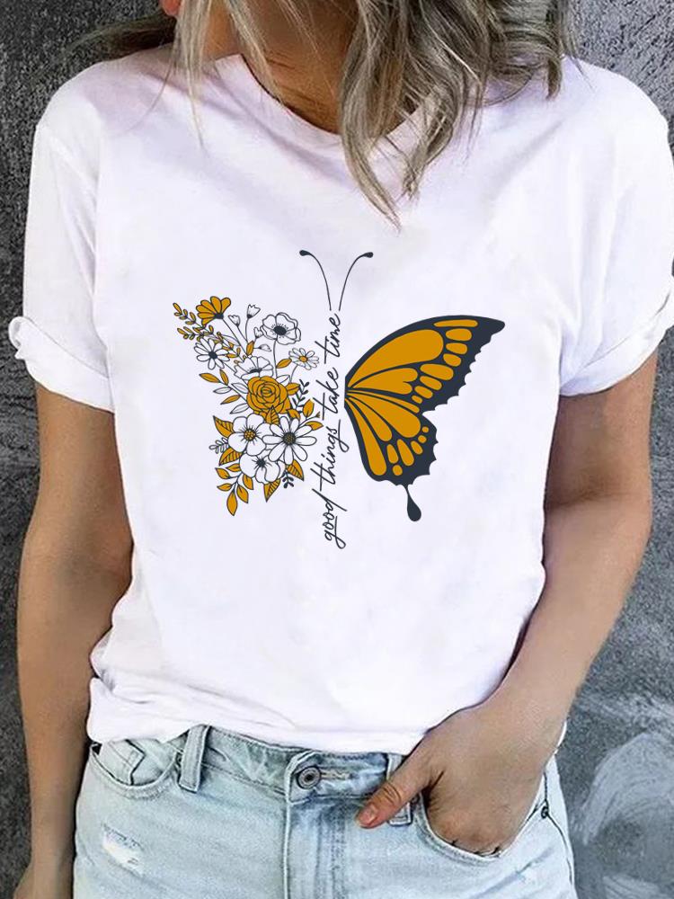 (Asian Size) Watercolor Flower Short Sleeve T-shirts Printed Clothing Lady Female Top Casual T Shirt Fashion Women Graphic Tee