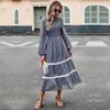 Women Autumn Winter O Neck Lantern Sleeve Lace High Waist Pleated Printed Dress