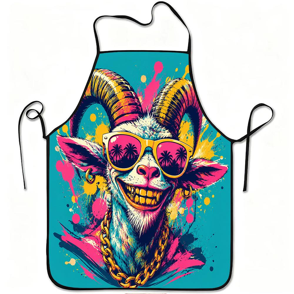 1pc Goat Print Apron Suitable for Cooking, Gardening & Farming - Adjustable Waistband, Durable Easy-Clean Polyester Apron with Goat for Kitchen, Orcha