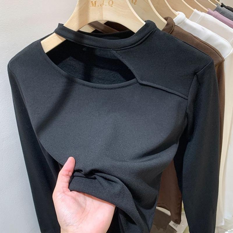 Autumn and Winter Hollow Thin Velvet Bottoming Shirt Women's Long-sleeved T-shirt Slim Fit Versatile Top