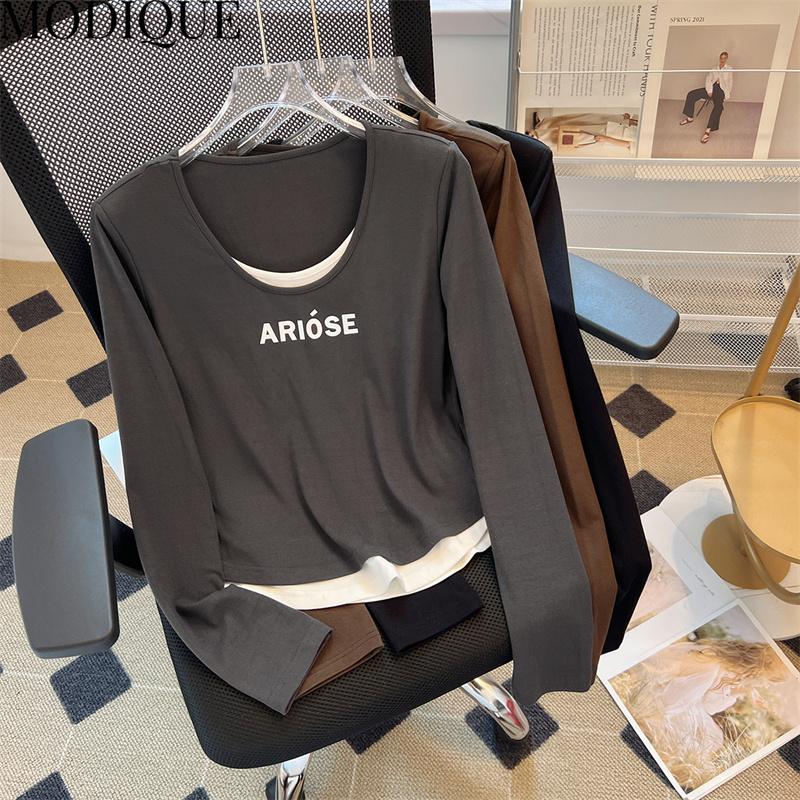 

MODIQUE 2023 Ранняя осень Плюс Сайз Новые Женские Основы Буквенная Печать Макет Хлопковая футболка из двух частей Женская повседневная топ с длинным рукавом с О-образным вырезом Осень Весна