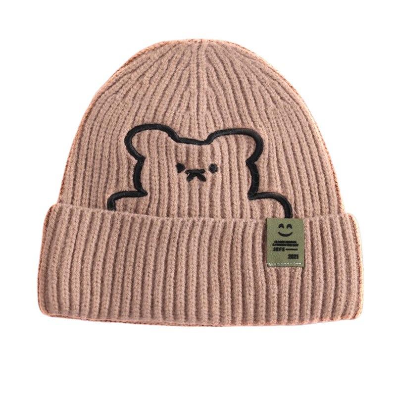 Hats for Women's Autumn and Winter New Bear Embroidered Knitted Hat Korean Style Versatile Wool Hat Couple Smiling Cloth Label Cold Hat Men