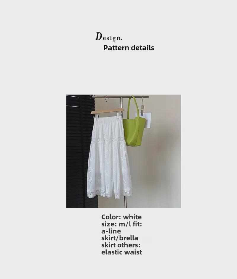 "Little Fresh" Solid Color Lace Hollow Cotton Umbrella Skirt - Women’s White Skirt