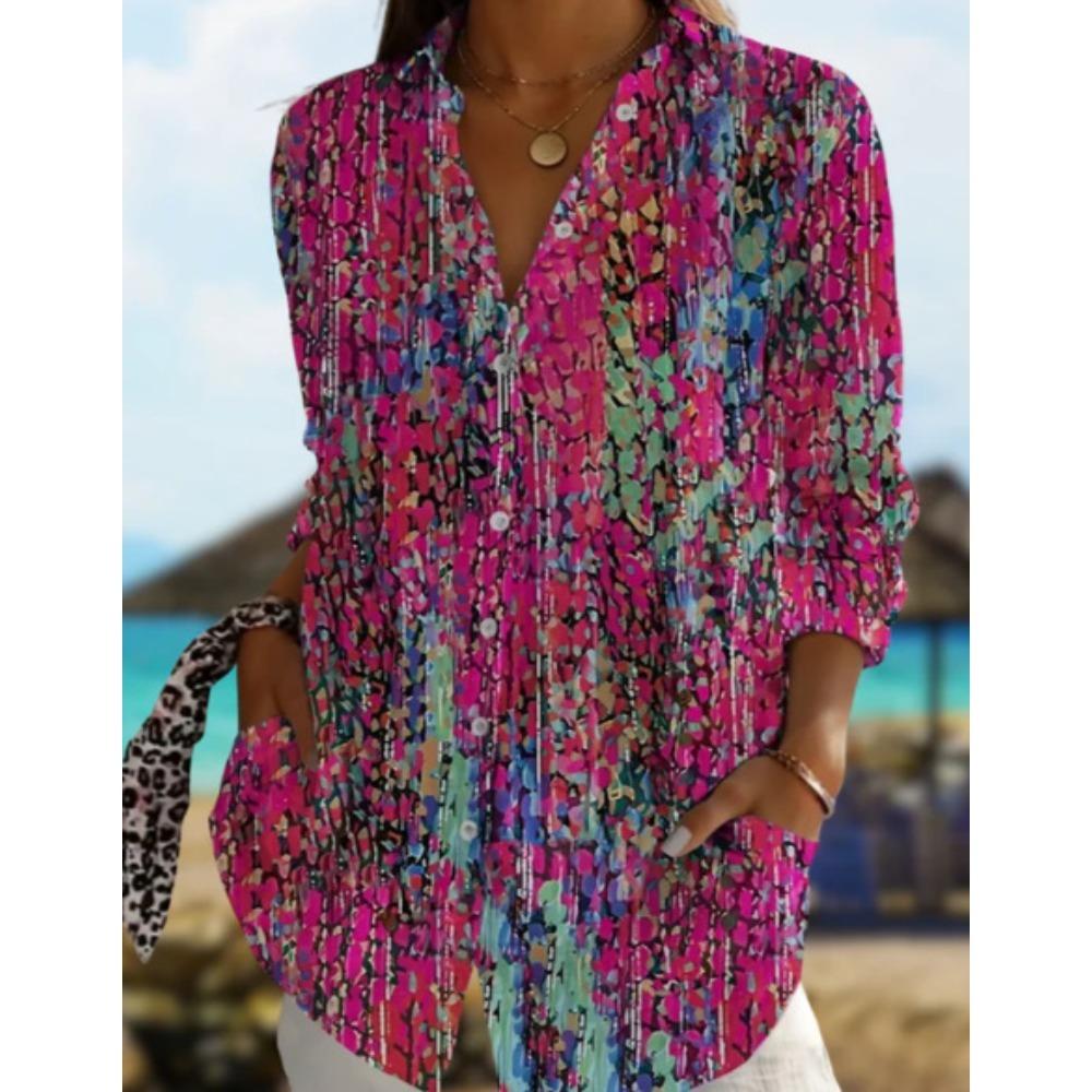 Plus Size Women Long Sleeve Button Shirt Solid Floral Casual Comfort Blouse