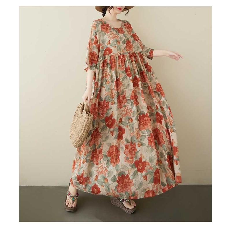 Damen Retro Rundhals Kurzarm Lockeres Kleid