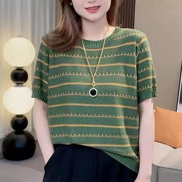 

Полосатая трикотажная футболка с коротким рукавом, летняя, контрастная, в стиле ретро, свободный, универсальный топ для женщин 2XL