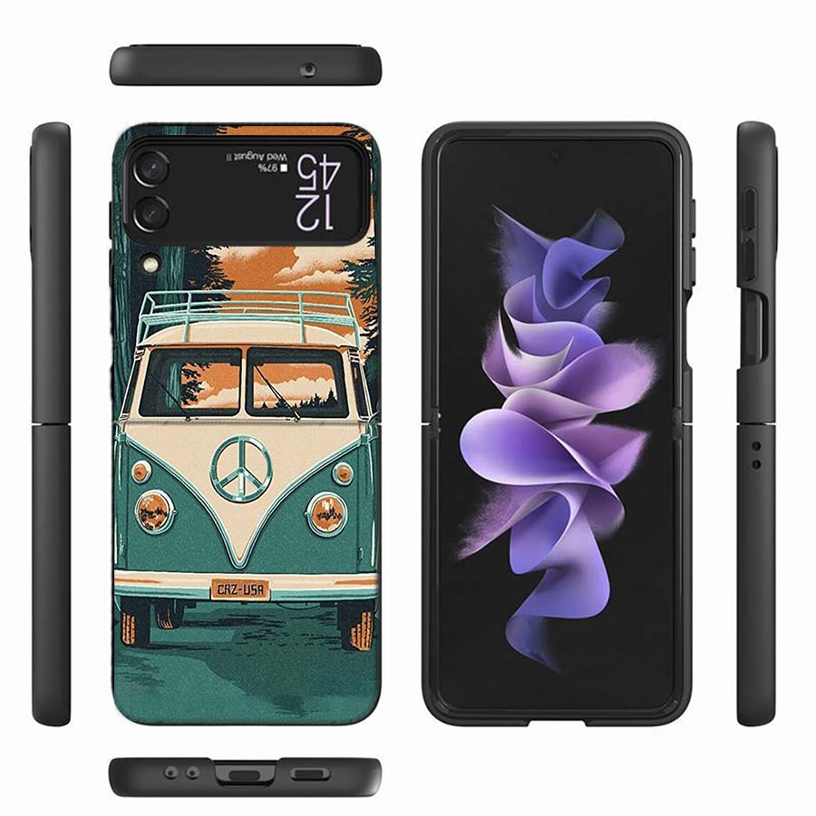 Hippie Peace Bus and Sunflower Phone Case For Samsung Z Flip 6 7 5G Z Flip 5 Galaxy Z Flip 3 4 5G ZFlip Shockproof Hard Cover TP