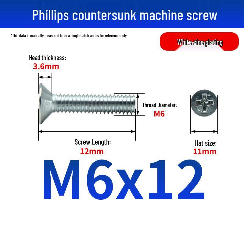 White Zinc Plated Cross Recessed Countersunk Head Screws & Bolts, Machine Thread, M3-M12