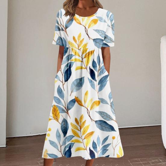 Women Summer Dress Round Neck Loose Fit Flower Print Wide Hem Short