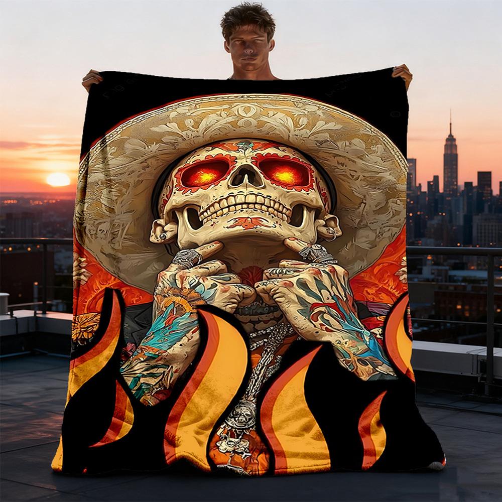 1pc Day of the Dead Skull Print Outdoor Blanket, Lightweight Polyester,