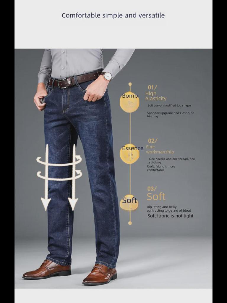 Middle-Aged Men's Elastic Cotton Jeans - Casual Spring Style