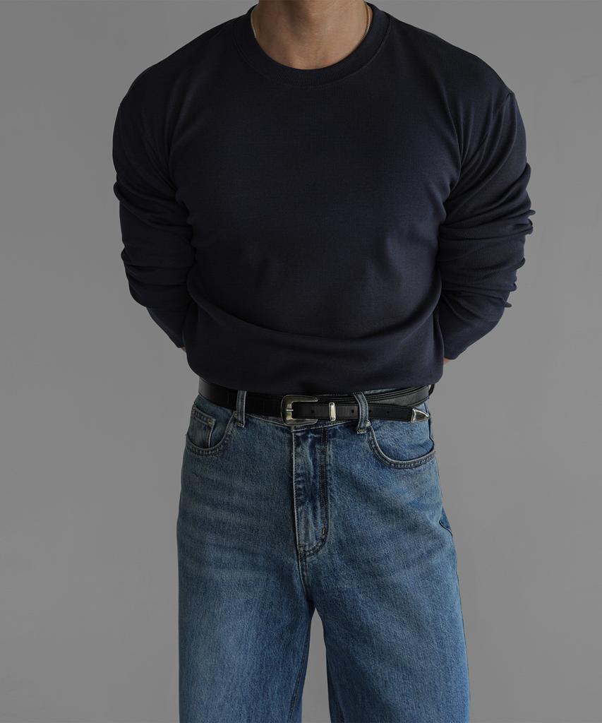 Baulopeulodeogteu Fine Ribbed Muscle Long Sleeve Knit Tee [Navy]