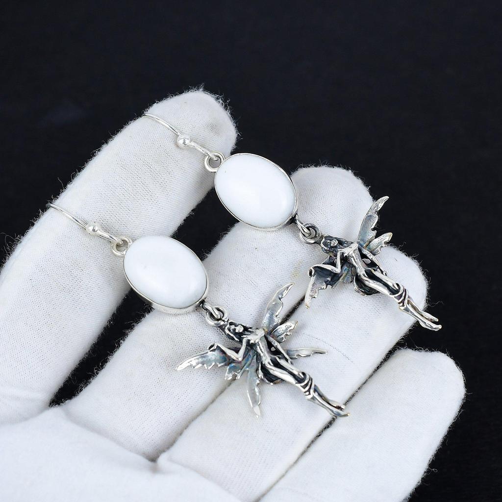 Natural White Coral Gemstone Antique Earrings 925 Sterling Silver Earring, Boho Silver Jewelry Dangle Earrings, Gifts For Birthday Gifts For Her