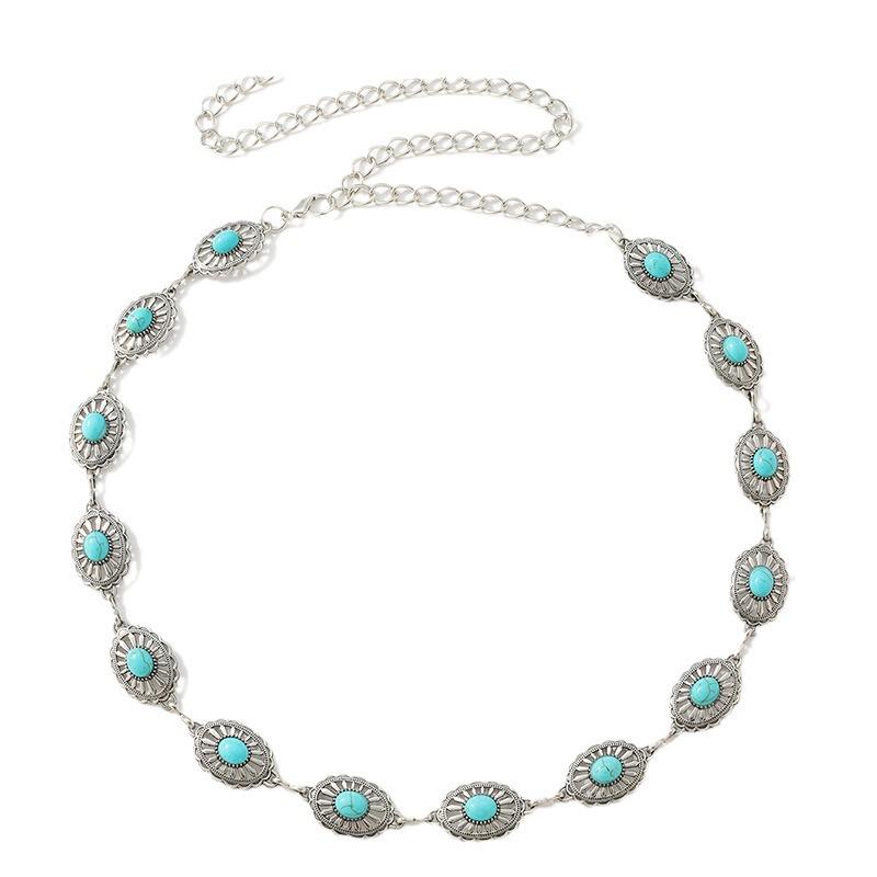 Bohemian Style Women's Turquoise Metal Waist Chain with Pearl Inlays