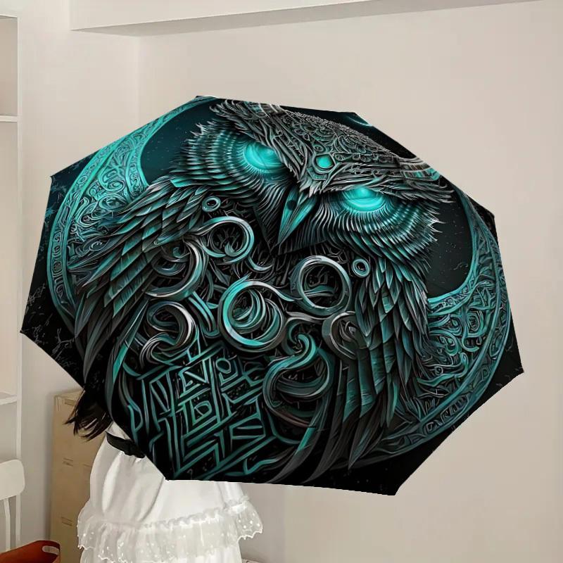 1 Stück Mondlicht Mystischer Eule Automatischer Faltregenschirm - Kompaktes 8-Rippen-Design, Langlebiger Kunststoff & Eisen, Leicht für den Täglichen Gebrauch im Freien, Festliches Geschenk084