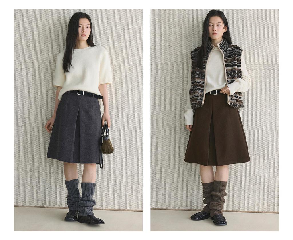 Xu Man Retro Korean Pleated Wool Midi Skirt for Women
