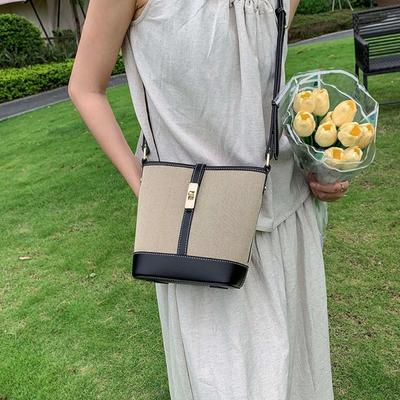 Cowhide Canvas Splicing Bucket Bag Women's Summer Shoulder Oblique Span Bag Casual Versatile Underarm Bag Korean Version Tide