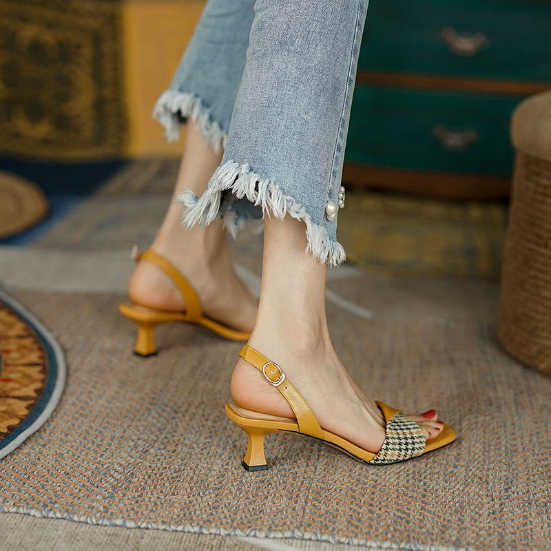 Apanzu  Summer Shoes Women Square Toe Thin Heel French Open Toes Sandals Women Houndstooth High Heel Sandals For Women