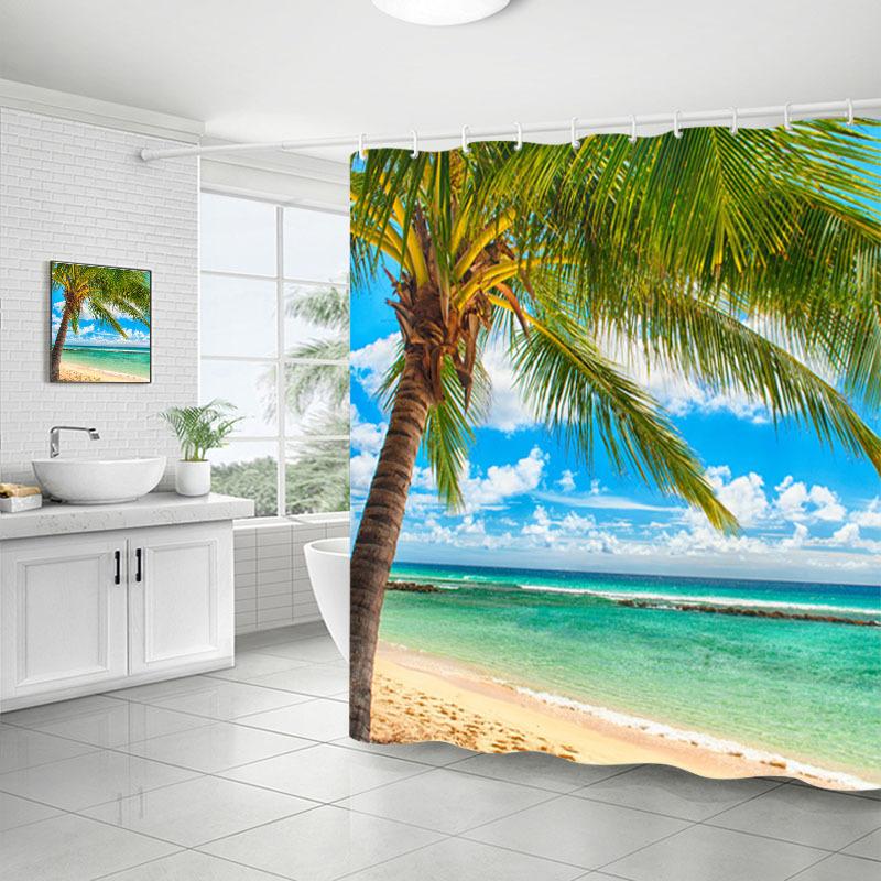 Shower Curtain Bathroom Fabric Non-Punching Beach Natural Scenery Digital Printing Shower Curtain With 12 Hooks