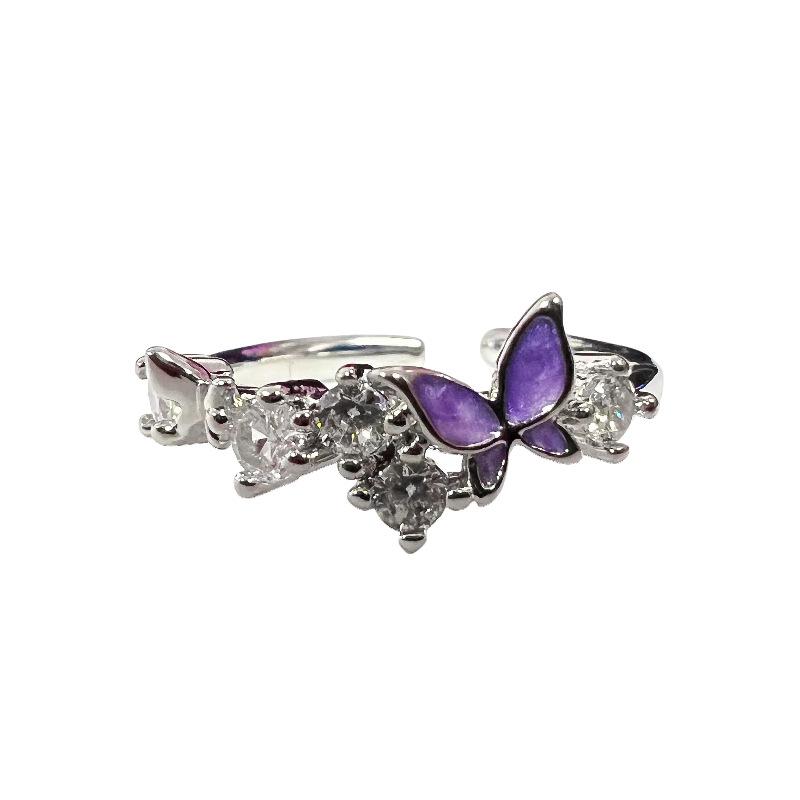 Purple Romantic Butterfly Flower Enamel Dripping Open Ring Niche Unique Sense Light Luxury High Sense Ring
