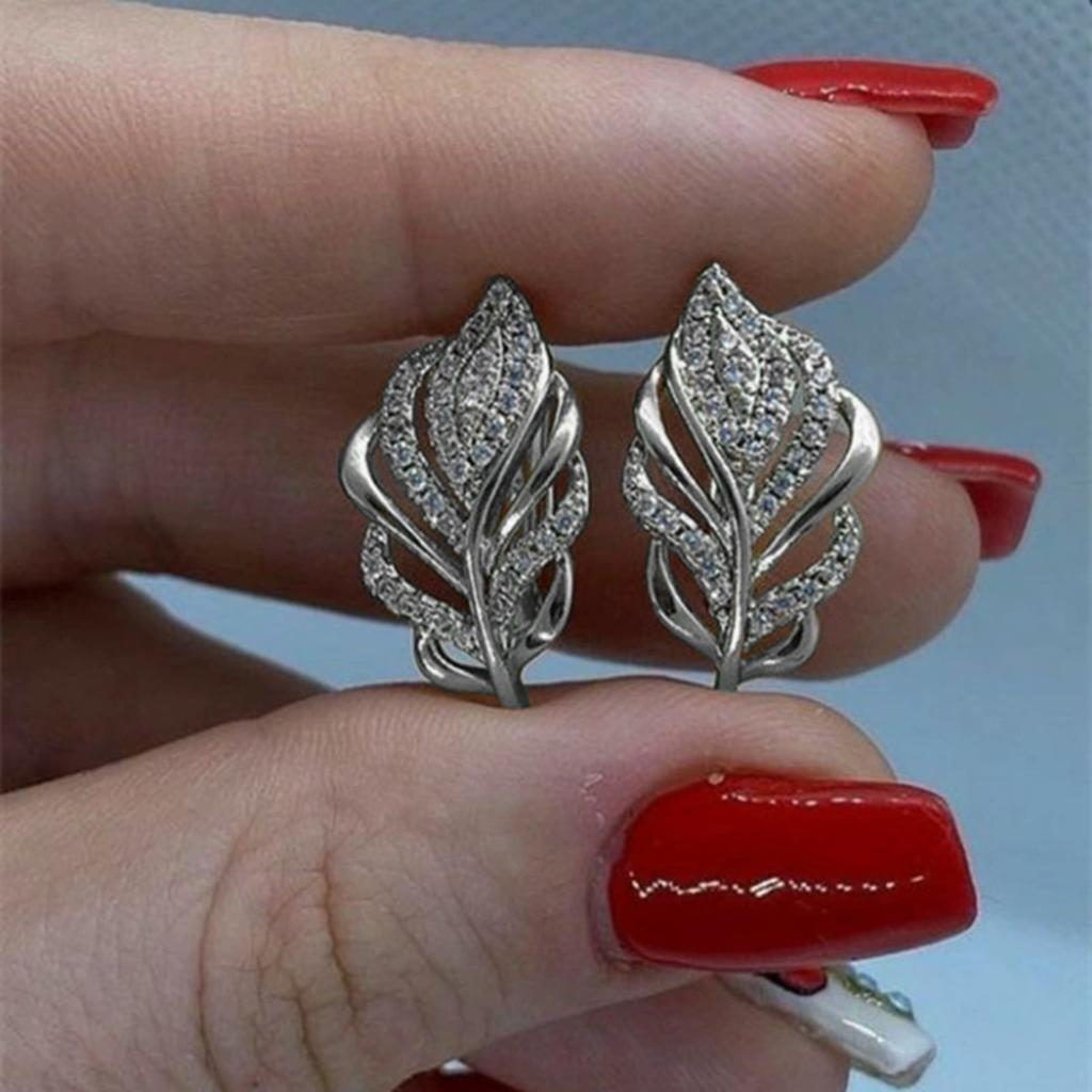 Open Hollow Leaf Shape Micro Paved Clear Stone Stud Earrings Women Elegant Ear Jewelry