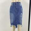 Sommer Damen Jeansrock Temperament Unregelmäßiges Loch Quaste Mittellanger Rock