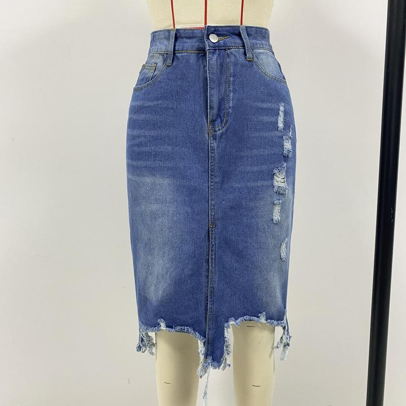 Sommer Damen Jeansrock Temperament Unregelmäßiges Loch Quaste Mittellanger Rock