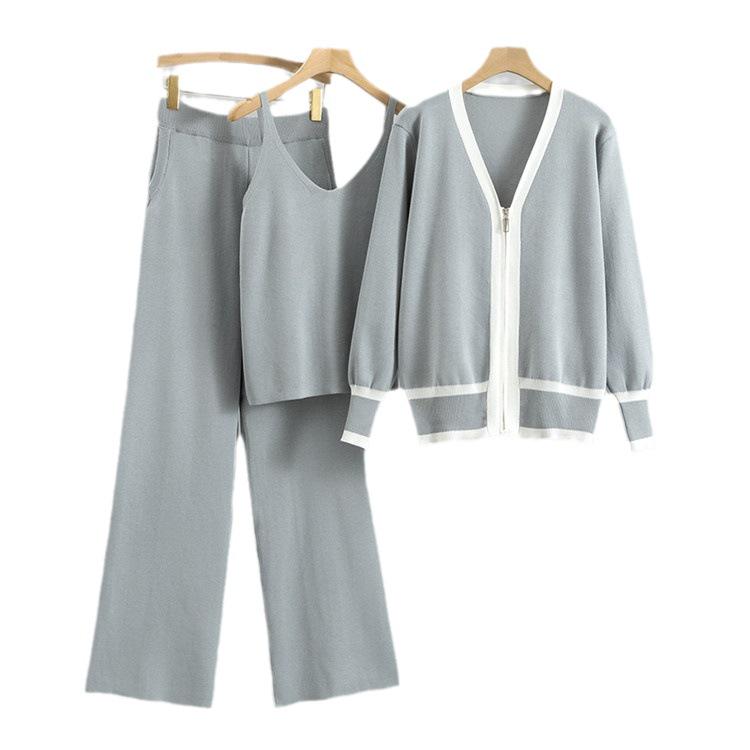 2025 Herbst/Winter Damen Europäisches Dreiteiler-Set: Trendiger Strick-Cardigan, Camisole und Hose mit weitem Bein