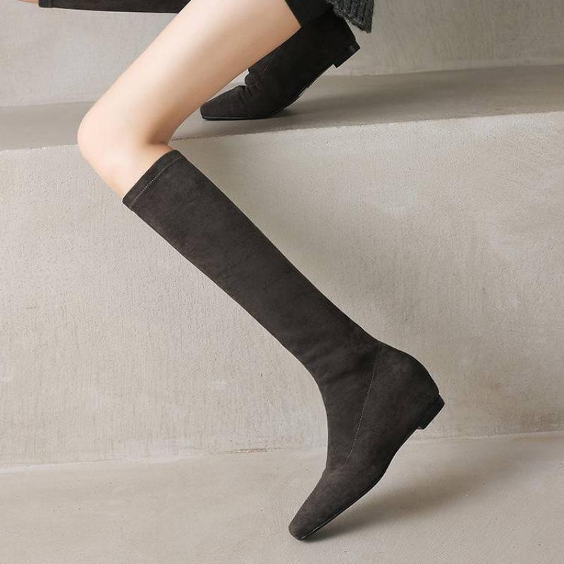 

New stretch suede Martin boots solid color high heel round head versatile high boots autumn and winter comfortable women s leather boots 40